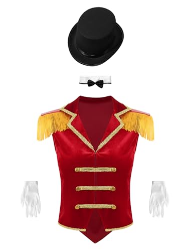 Agoky Damen Zirkusdirektor Showman Kostüm Anzug Jacke Weste mit Fransen Schulterstücke für Musical Parade Frack Zirkus Uniform Rot F L von Agoky