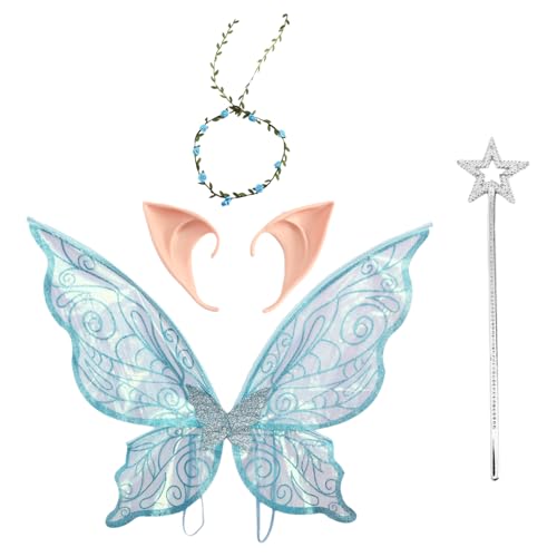 Agoky Fee Kostüm Set für Frauen und Mädchen Fee Schmetterling Flügel Blumengirlande Zauberstab & Elfenohren Blaues Set One Size von Agoky