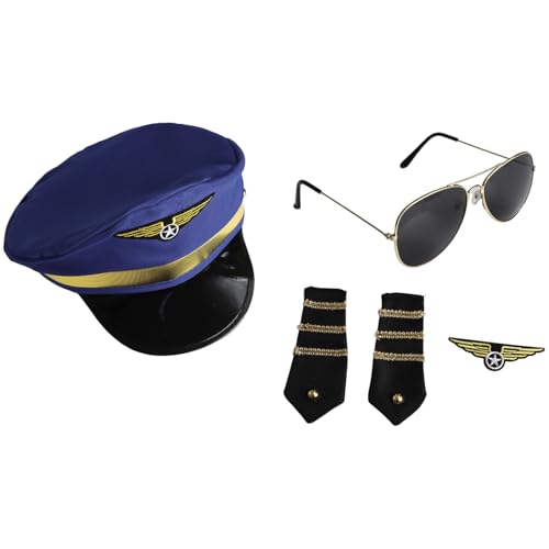 Agoky Flugzeugpilot Kostüm Set Flugzeugpilot Kapitän Mütze Mit Kappe Aviator Sonnenbrille Und Schulterklappen Flügel Abzeichen Blau Einheitsgröße Agoky Flugzeugpilot Kostüm Set Flugzeugpilot Kapitän Mütze Mit Kappe Aviator Sonnenbrille Und Schulterklappen Flügel Abzeichen Blau Einheitsgröße von Agoky