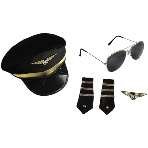 Agoky Flugzeugpilot Kostüm Set Flugzeugpilot Kapitän Mütze Mit Kappe Aviator Sonnenbrille Und Schulterklappen Flügel Abzeichen Schwarz Einheitsgröße von Agoky