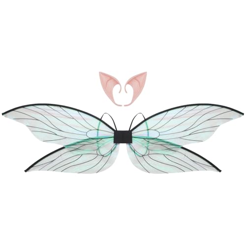 Agoky Glänzende Feenflügel Durchsichtige Libellenflügel Mit Elfenohren Für Halloweenparty Schwarz Einheitsgröße von Agoky
