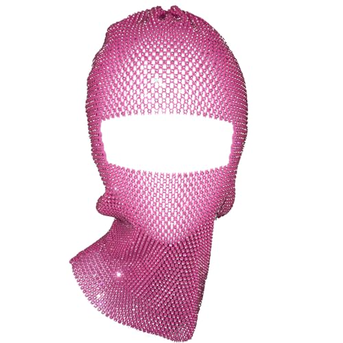 Agoky Glänzende Mesh Gesichtsmaske Glitzernde Strass Gesichtshaube Fischnetz Maske Haarschmuck Party Karneval Cosplay Hot Pink One Size von Agoky