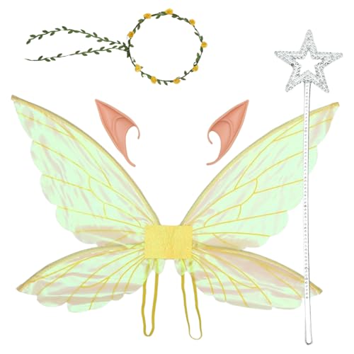 Agoky Glitter Elf Flügel Fee Floral Girlande Mit Elf Ohren Stern Zauberstab Halloween Verkleidung Zubehör Goldset Einheitsgröße von Agoky