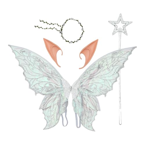 Agoky Glitzer Schmetterlingsflügel Fee Floral Girlande Mit Elfenohren Stern Zauberstab Halloween Verkleidungszubehör Silber Einheitsgröße von Agoky