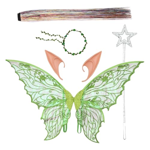 Agoky Glitzer Schmetterlingsflügel Haarglitzer Blumengirlande Elfenohren Sternstab Halloween Kostümzubehör Grün Einheitsgröße von Agoky