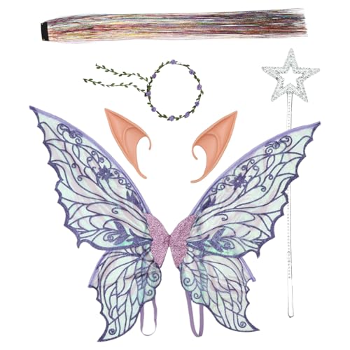 Agoky Glitzer Schmetterlingsflügel Haarglitzer Blumengirlande Elfenohren Sternstab Halloween Kostümzubehör Lila Einheitsgröße von Agoky