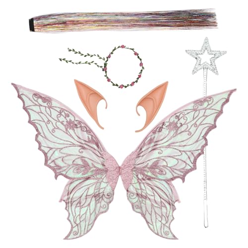 Agoky Glitzer Schmetterlingsflügel Haarglitzer Blumengirlande Elfenohren Sternstab Halloween Kostümzubehör Rosa Einheitsgröße von Agoky