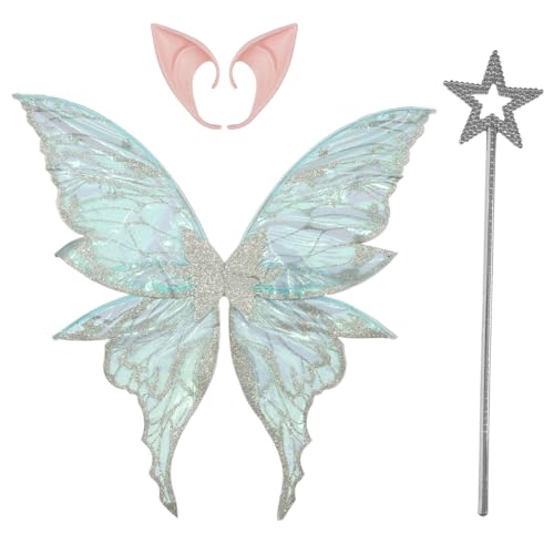 Agoky Glitzernde Blume Fee Kostüm Set Schmetterling Flügel mit Elf Ohren Fee Stick für Thematische Party Silber&Silber One Size von Agoky