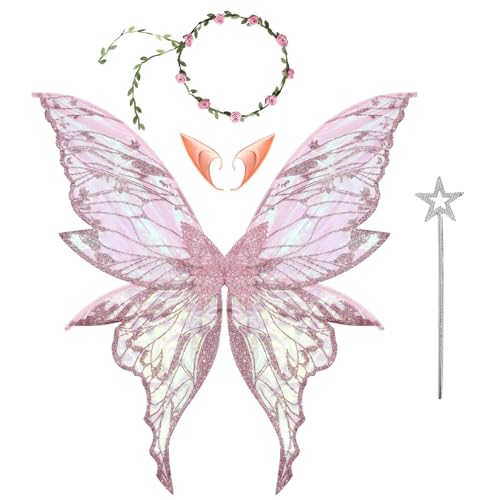 Agoky Glitzernde Schmetterlingsflügel mit Blumengirlande Elfenohren Sternenstab für Halloween Prinzessin Faschingskostüm Rosa One Size von Agoky