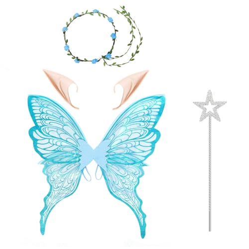 Agoky Glitzernde Schmetterlingsflügel und Blumenkrone, Elfenohren, Feenstab, Halloween-Cosplay-Kostüm-Accessoires Blaues Set Einheitsgröße von Agoky