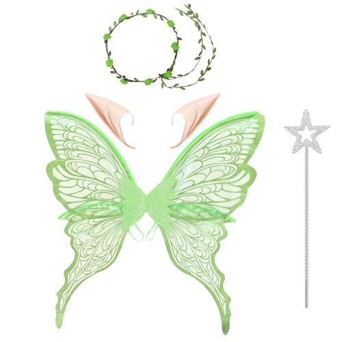 Agoky Glitzernde Schmetterlingsflügel und Blumenkrone, Elfenohren, Feenstab, Halloween-Cosplay-Kostüm-Accessoires Grünes Set Einheitsgröße von Agoky