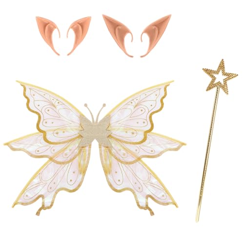 Agoky Glitzernde Schmetterlingsflügel und Elfenohren Feenstab Halloween-Cosplay-Kostümzubehör Gold Einheitsgröße von Agoky