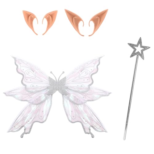 Agoky Glitzernde Schmetterlingsflügel und Elfenohren Feenstab Halloween-Cosplay-Kostümzubehör Weiß Einheitsgröße von Agoky