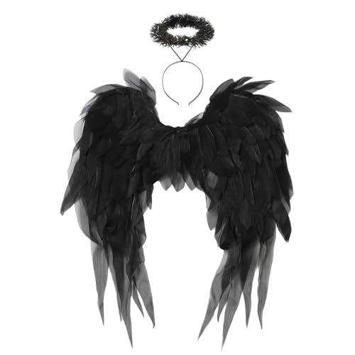 Agoky Halloween Engel Federflügel Folie Girlande Haarband Für Weihnachtsfeier Kostüm Zubehör Schwarzes Set Einheitsgröße von Agoky