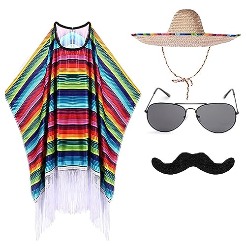 Agoky Halloween Mexiko Poncho Umhang mit Sonnenbrille Schnurrbart Mexikohut Set Karneval Mexikaner Cosplay Kostüm Zubehör Bunt Adult Size One Size Agoky Halloween Mexiko Poncho Umhang mit Sonnenbrille Schnurrbart Mexikohut Set Karneval Mexikaner Cosplay Kostüm Zubehör Bunt Adult Size One Size von Agoky