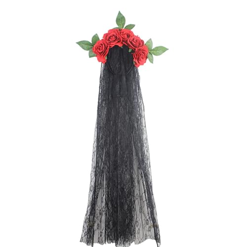 Agoky Halloween Rose Blumen Stirnbänder Mexikanisches Netz Schleier Tag Der Toten Stirnband Für Damen Rot Einheitsgröße von Agoky