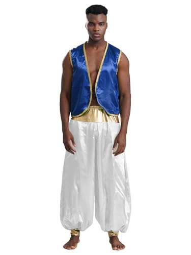 Agoky Herren Arabischer Prinz Kostüm Satin Weste Gilet und lange Hose Metallic Elastischer Bund Weites Bein Baggy Pants Cosplay Kostüm Motto Party Outfits Königsblau Weiß XXL Agoky Herren Arabischer Prinz Kostüm Satin Weste Gilet und lange Hose Metallic Elastischer Bund Weites Bein Baggy Pants Cosplay Kostüm Motto Party Outfits Königsblau Weiß XXL von Agoky