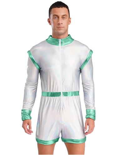 Agoky Herren Astronauten Kostüm Metallic Jumpsuit Kurz Langarm Rollkragen Overall mit Zipper Weltraum Raumfahrer Uniform Halloween Cosplay Outfits See Grün XL von Agoky