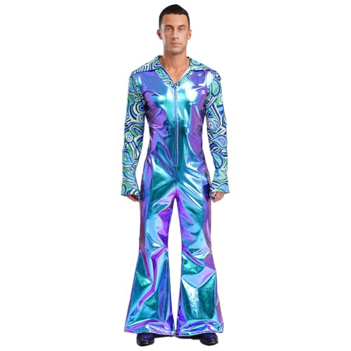 Agoky Herren Glänzend Metallic 70s Disco Kostüm Gedruckt Flared Ärme Hemd Bluse und Bell Bottom Pants Lackleder Jumpsuit Motto Party Clubwear Blau XXL von Agoky