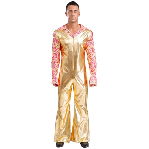 Agoky Herren Glänzend Metallic 70s Disco Kostüm Gedruckt Flared Ärme Hemd Bluse und Bell Bottom Pants Lackleder Jumpsuit Motto Party Clubwear Gold XXL von Agoky