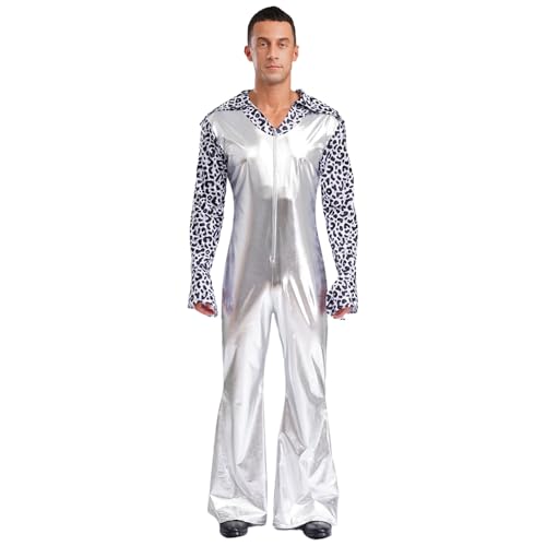 Agoky Herren Glänzend Metallic 70s Disco Kostüm Gedruckt Flared Ärme Hemd Bluse und Bell Bottom Pants Lackleder Jumpsuit Motto Party Clubwear Silber XXL Agoky Herren Glänzend Metallic 70s Disco Kostüm Gedruckt Flared Ärme Hemd Bluse und Bell Bottom Pants Lackleder Jumpsuit Motto Party Clubwear Silber XXL von Agoky