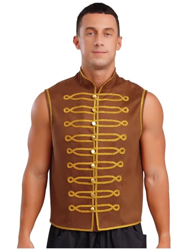 Agoky Herren Mittelalter Weste Ärmellos Rollkragen Anzugweste Goldene Posamenten-Knebelknopf Retro Vest Tank Top Hemd Halloween Cosplay Outfits gr. S-3XL Braun 3XL von Agoky