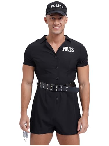 Agoky Herren Polizei Kostüm Kurzarm Jumpsuit Overall mit Knopfleiste und Gürtel Polizist Mütze Cosplay Berufskleidung Halloween Motto Party Outfits Schwarz XL von Agoky