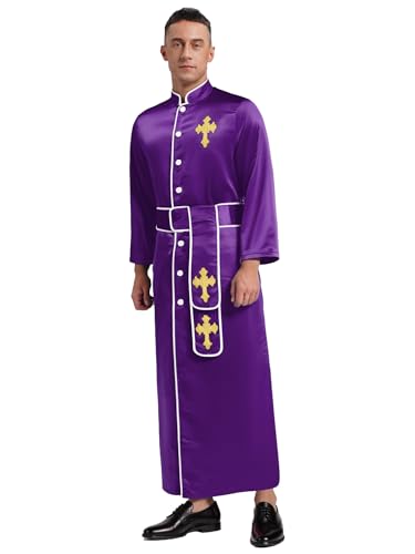 Agoky Herren Priester Cosplay Kostüm Klerus Robe Langarm Hemdkleid Stehkragen Blusenkleid mit Knopfleiste Bindengürtel Halloween Outfits Violett XXL Agoky Herren Priester Cosplay Kostüm Klerus Robe Langarm Hemdkleid Stehkragen Blusenkleid mit Knopfleiste Bindengürtel Halloween Outfits Violett XXL von Agoky
