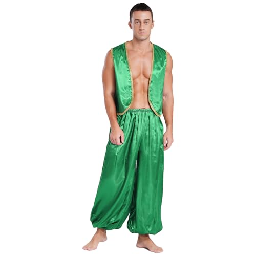 Agoky Herren Prinz Kostüm Satin Weste Gilet Top und lange Hose Elastischer Bund Weites Bein Baggy Pants Cosplay Kostüm Kleidung Set Motto Party Outfits Grün XXL von Agoky