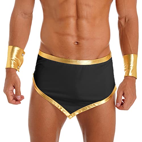 Agoky Herren Römer Kostüm Goldener Saum Gladiator Rock mit Armbändern Mottoparty Clubwear Schwarz 3XL von Agoky