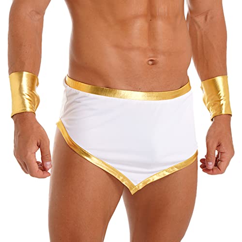 Agoky Herren Römer Kostüm Goldener Saum Gladiator Rock mit Armbändern Mottoparty Clubwear Weiß M von Agoky