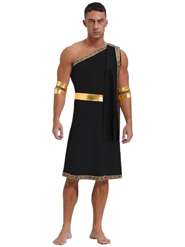 Agoky Herren Römer Kostüm Griechischer Gott Zeus Cosplay Toga Kleid mit Metallic Armbändern Motto Party Fasching Outfits Schwarz C L von Agoky