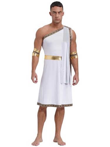 Agoky Herren Römer Kostüm Griechischer Gott Zeus Cosplay Toga Kleid mit Metallic Armbändern Motto Party Fasching Outfits Weiß C XL von Agoky