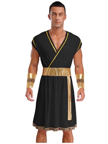 Agoky Herren Römer Kostüm Griechischer Gott Zeus Kurzarm Toga Kleid mit Metallic Armbändern Gürtel Motto Party Halloween Cosplay Outfits Schwarz M von Agoky