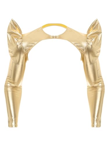 Agoky Herren Wetlook Unterwäsche Lack Leder Crop Top Langarm Unterhemden Shirt Weste bauchfrei Brust Körper Harness Ärmel Party Clubwear M-XXL Gold XL von Agoky
