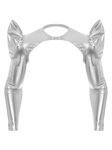 Agoky Herren Wetlook Unterwäsche Lack Leder Crop Top Langarm Unterhemden Shirt Weste bauchfrei Brust Körper Harness Ärmel Party Clubwear M-XXL Silber M von Agoky