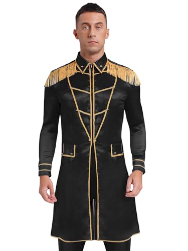 Agoky Herren Zirkusdirektor Kostüm Langarm Satin Anzugjacke mit Kentkragen Fransen Schulterstücke Gothic Steampunk Frack Mantel Halloween Party Outfits Schwarz XXL von Agoky