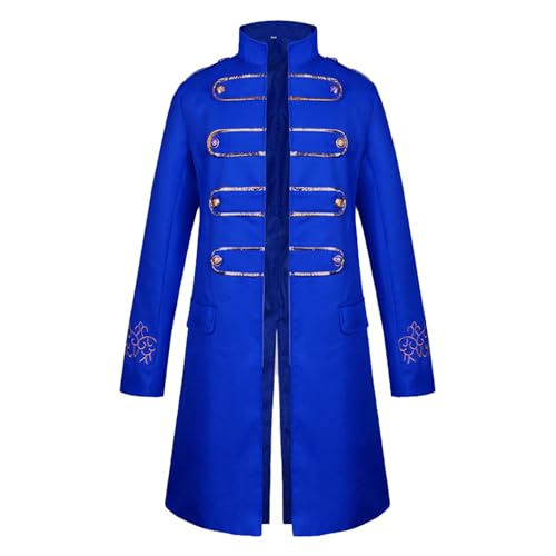 Agoky Herren Zirkusdirektor Kostüm Lange Anzugjacke Stehkragen Blazer Trechcoat Gothic Steampunk Frack Mantel Halloween Party Outfits Blau XL von Agoky
