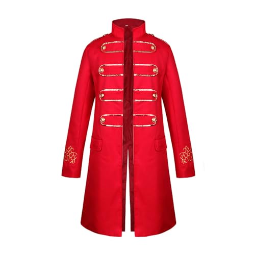 Agoky Herren Zirkusdirektor Kostüm Lange Anzugjacke Stehkragen Blazer Trechcoat Gothic Steampunk Frack Mantel Halloween Party Outfits Rot XXL von Agoky