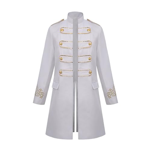 Agoky Herren Zirkusdirektor Kostüm Lange Anzugjacke Stehkragen Blazer Trechcoat Gothic Steampunk Frack Mantel Halloween Party Outfits Weiß L von Agoky