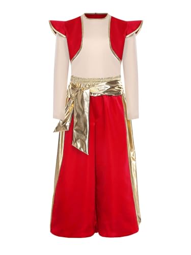 Agoky Jungen Arabischer Prinz Kostüm Set aus Langarm Shirt Bedruckt Weste Oberteil + Lange Weite Hose Metallic Taillenbund Kinderkostüm Halloween Fasching Outfits Rot 170 Agoky Jungen Arabischer Prinz Kostüm Set aus Langarm Shirt Bedruckt Weste Oberteil + Lange Weite Hose Metallic Taillenbund Kinderkostüm Halloween Fasching Outfits Rot 170 von Agoky