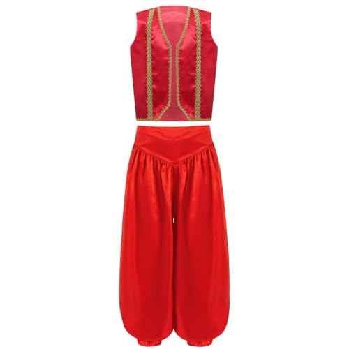 Agoky Jungen Arabischer Prinz Orient Sultan Weste Ärmellos Open Front Gilet mit Lange Weite Hose Flaschengeist Halloween Cosplay Outfits Burgundy 146-152 von Agoky