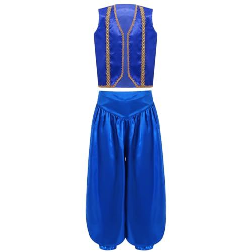 Agoky Jungen Arabischer Prinz Orient Sultan Weste Ärmellos Open Front Gilet mit Lange Weite Hose Flaschengeist Halloween Cosplay Outfits Königsblau 158-164 von Agoky