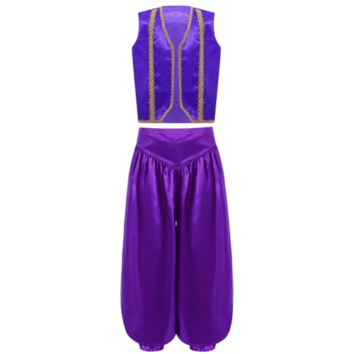 Agoky Jungen Arabischer Prinz Orient Sultan Weste Ärmellos Open Front Gilet mit Lange Weite Hose Flaschengeist Halloween Cosplay Outfits Violett 158-164 von Agoky