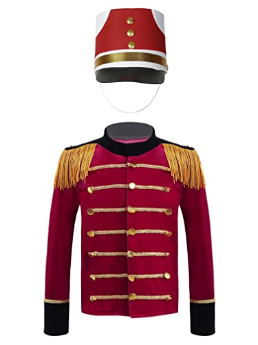 Agoky Jungen Nußknacker Prinz Jacke und Hut Kinder Zirkusdirektor Cosplay Kostüm Weihnachten Fasching Karneval Outfits Rot A 170-176 von Agoky