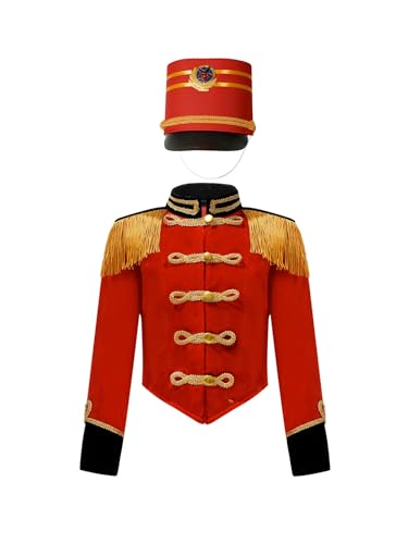 Agoky Jungen Nußknacker Prinz Jacke und Hut Kinder Zirkusdirektor Cosplay Kostüm Weihnachten Fasching Karneval Outfits Rot E 158-164 von Agoky