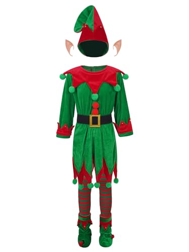 Agoky Jungen Weihnachtselfen Elfen Kostüm Velvet Anzug Langarm Shirt und Lange Hose Mütze Gürtel Bekleidungsset Grün B 146-152 von Agoky