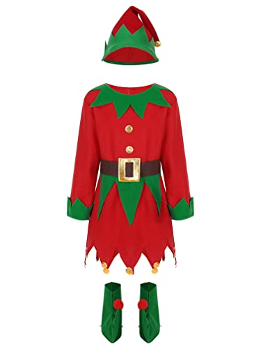 Agoky Jungen Weihnachtselfen Elfen Kostüm Velvet Anzug Langarm Shirt und Lange Hose Mütze Gürtel Bekleidungsset Rot A 110-116 von Agoky