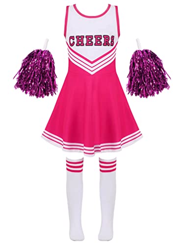 Agoky Kinder Cheer Leader Kostüm Zubehör Komplettes Set Schule Uniform Kleid mit Pompons Overknee Streifen Socken Faschingskostüm Hot Pink 134-140 von Agoky