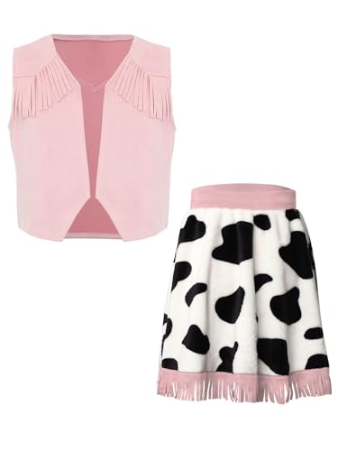 Agoky Kinder Mädchen Cowboy Kostüm Western Wildleder Weste und Leoparden Print Rock Halloween Fasching Karneval Motto Party Cosplay Outfits Rosa 122-128 von Agoky